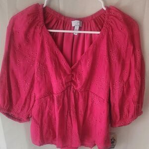 Magenta Pink Eyelet Puff Sleeve Blouse | Coquette cottagecore   romantic Peplum
